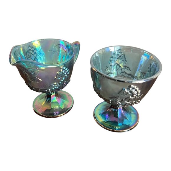 Vintage Harvest Blue Iridescent Carnival Glass Open Sugar Bowl & Creamer Grapes - Picture 2 of 11